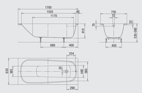 Stahlbadewanne 1700mm x 750mm, weiss
