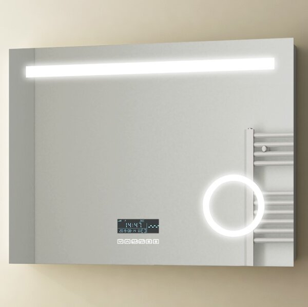 Multifunktionsspiegel mit LED Licht, Datum, Uhr, Bluetooth, Kosmetikspiegel, 60 x 80 cm