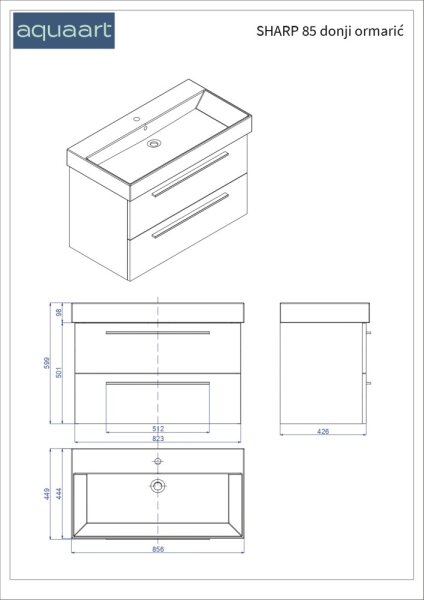 Sharp 85 Unterschrank weiß glänzend, Griff schwarz, 85cm